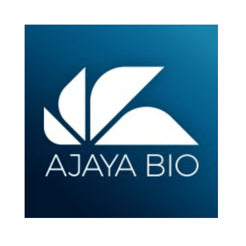 Ajaya Bio with a blue background and white shapes fanning out