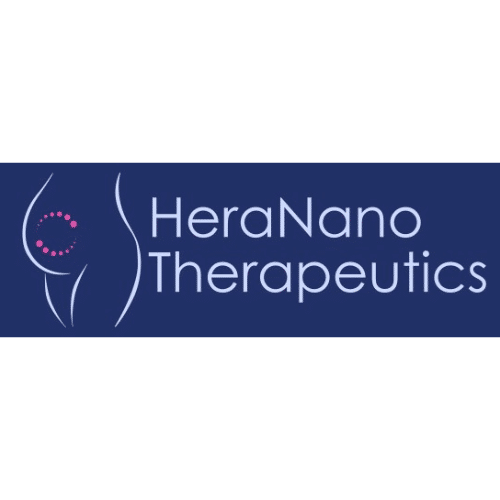 Drawing of a pregnant belly with a pink dotted circle in it with the words HeraNano Therapeutics next to it.