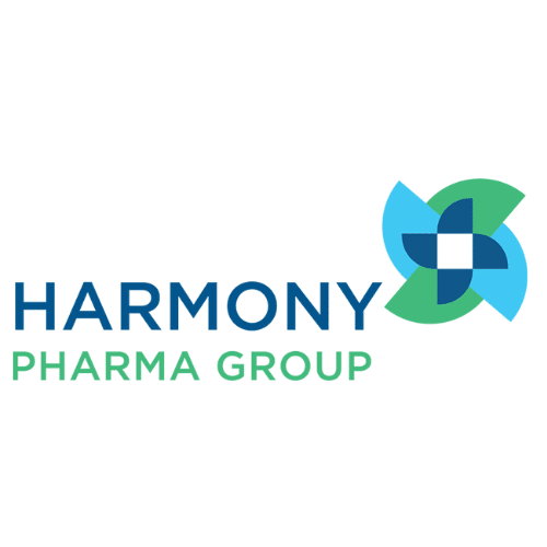 The words Harmony Pharma group in blue and teal and a blue, teal and lighter blue pinwheel