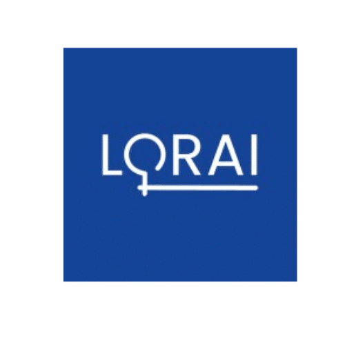 A blue square with the word Lorai in white with a white line under it.