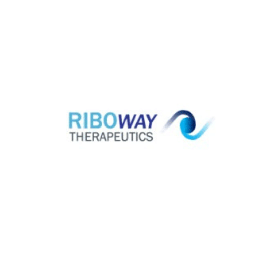 The word Riboway in light and dark blue, the word Therapeutics in black and a dark and light blue swirl next to it.