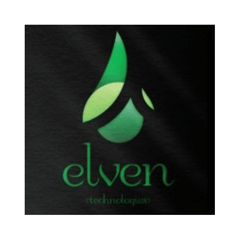 The words Elven Technologies in green with a green ball and triangular sphere coming out of it.