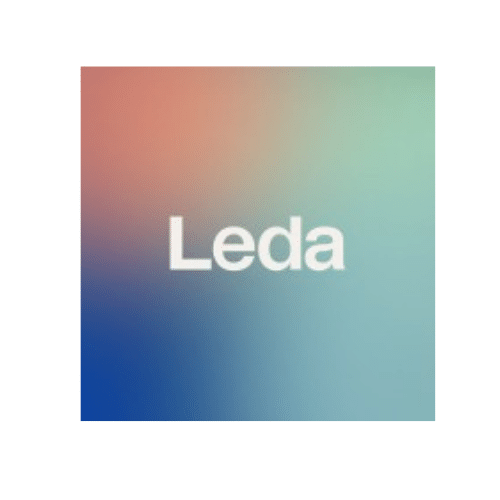 The word Leda in white with pastel colors of coral, blue and greens in the background.
