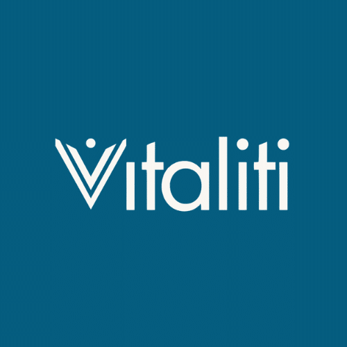 A dark teal background with the word Vitaliti in white, with a smaller V and dot within the big V.