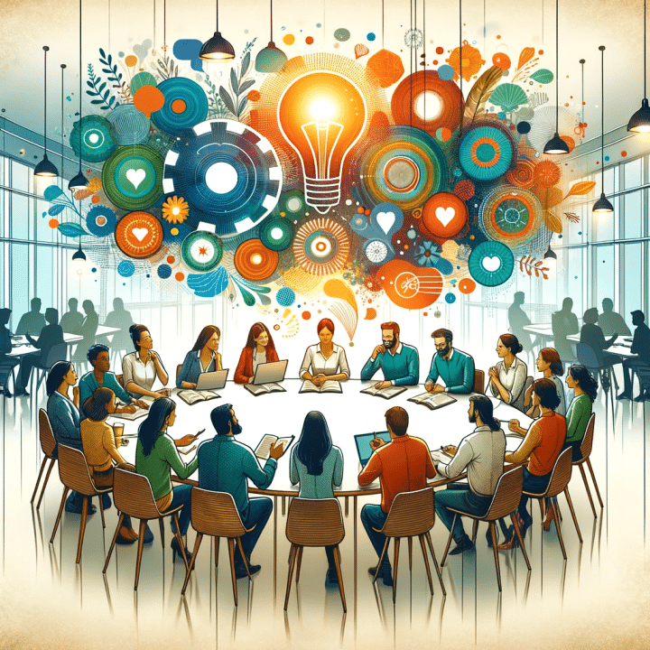 Illustration of a large group of people sitting at a roundtable.