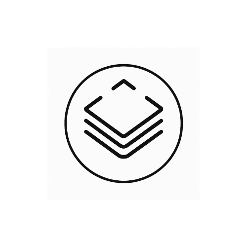 A circle with three squares piled on top of each other inside the circle.