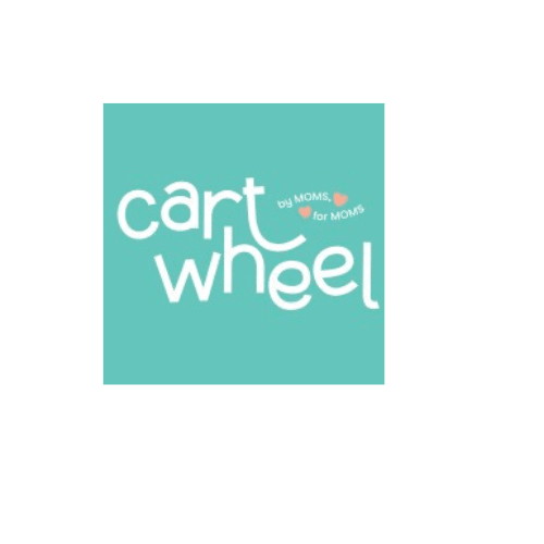 A sea green background with the word cartwheel in white and the words by moms for moms in black