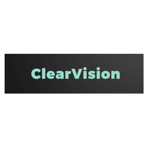 A black rectangle with the words Clear Vision in aquamarine.
