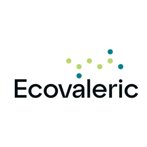 The word Ecovaleric in black with light green and turquoise dots above the word.