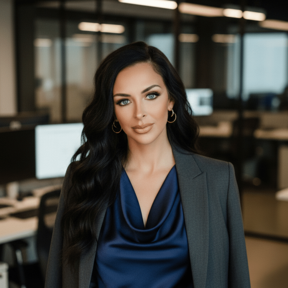 Emily in an office in front of a computer. She is wearing a dark grey suit jacket with a blue shirt under.