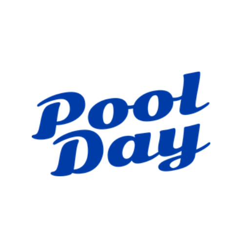 The words pool day in a bright blue, with the print looking like it's in cursive