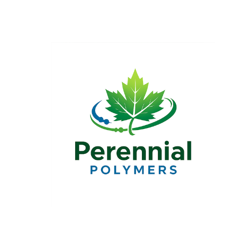 A green maple leaf with blue and green circles around it, and the words perennial polymars below.