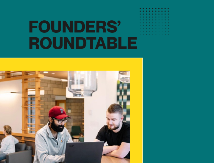 A dark teal square with the words Founders' Rou