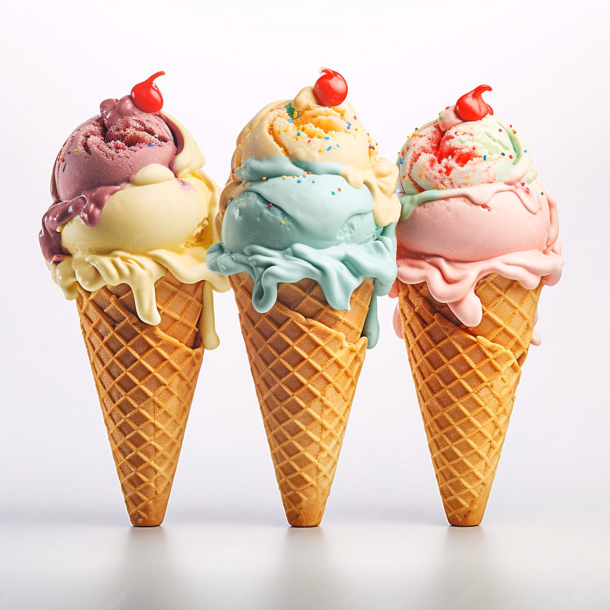 Three ice cream cones with several scoops of different flavored ice cream with cherries on top.