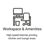 The outline of a desk with a computer on top, a chair and a trash can. 